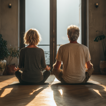 Aktív idős emberek csoportja jóga órán